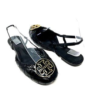 Tory Burch Charon Black Patent Leather Slingback Quilted Toe Flats - Size 8
